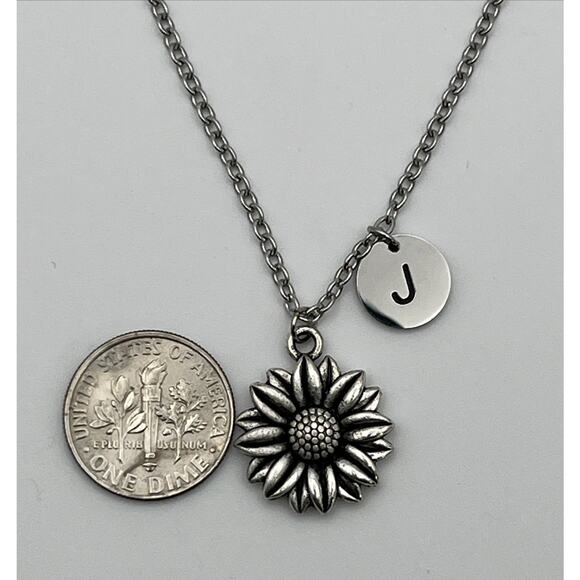 Silver Tone Sunflower Flower Pendant Necklace with Initial J Charm Jewelry - Picture 4 of 7